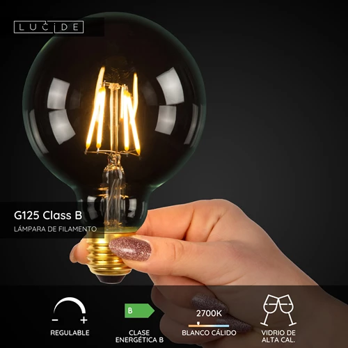 Lucide G125 Class B - Lámpara de filamento - Ø 12,5 cm - LED Regul. - E27 - 1x7W 2700K - Transparente - USP
